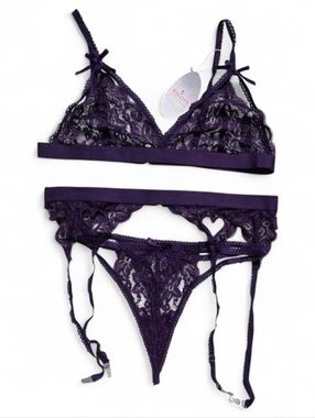 RSLOVE Purple Lace Bralette & Garter Thong Set Woth Heart Detail, XL